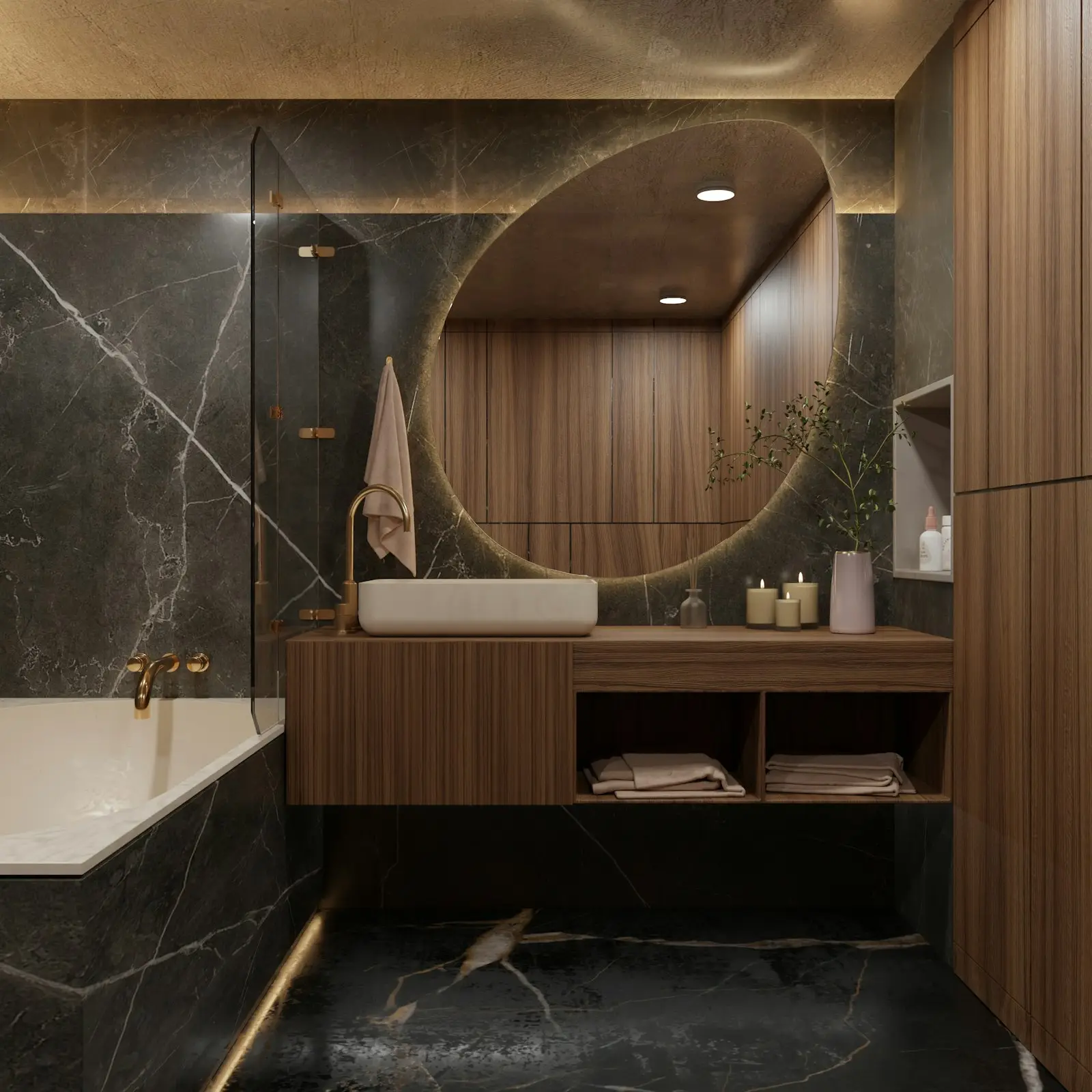 Baño en mármol oscuro con mueble de madera, lavamanos de piedra y espejo redondo iluminado